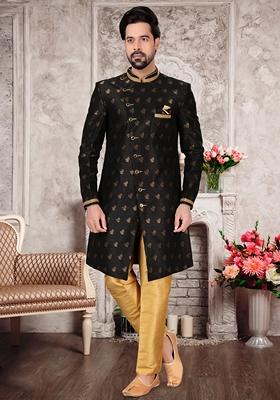 Black Zari Work Jacquard Indo Western Sherwani Set For Men