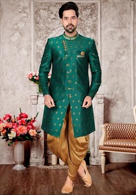Rama Green Embroidered Jacquard Indo Western Sherwani Set For Men