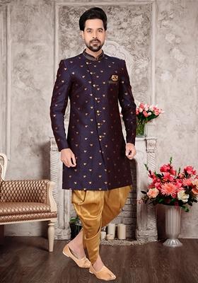 Navy Blue Zari Work Jacquard Indo Western Sherwani Set For Men