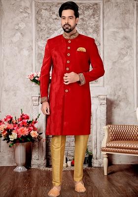 Red Embroidered Velvet Indo Western Sherwani Set For Men