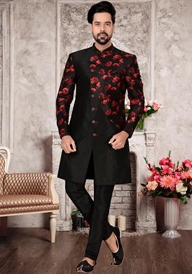 Black Printed Jacquard Indo Western Sherwani Set For Men