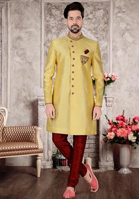 Yellow Embroidered Silk Indo Western Sherwani Set For Men