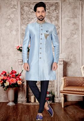 Sky Blue Embroidered Silk Indo Western Sherwani Set For Men