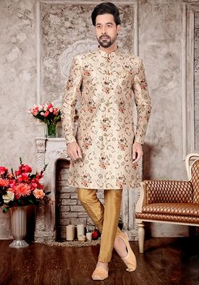 Multi Coloured Printed Jacquard Indo Western Sherwani Set For Men