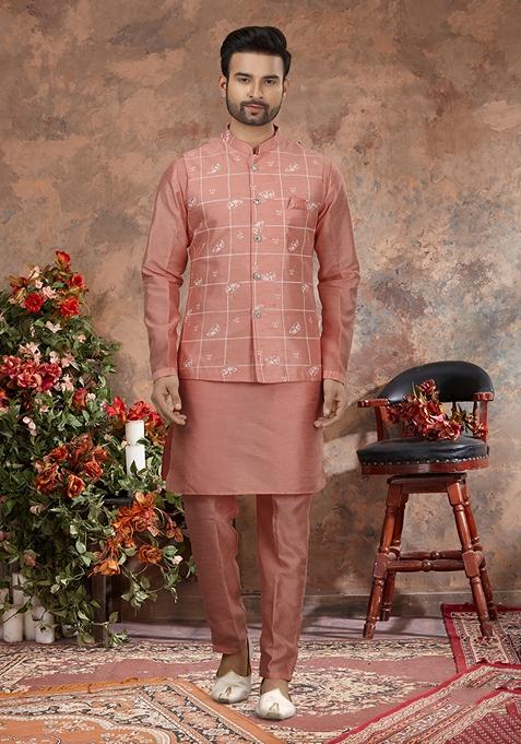 Light Pink Embroidered Silk Jacket Set For Men