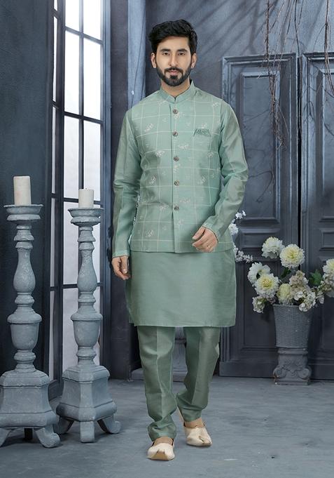 Firozi Pink Embroidered Silk Jacket Set For Men