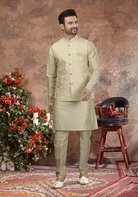 Mustard Yellow Embroidered Silk Jacket Set For Men