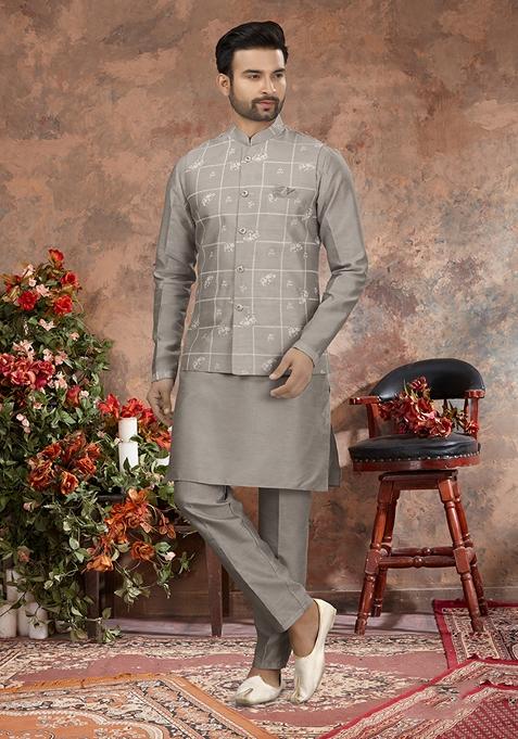 Grey Embroidered Silk Jacket Set For Men