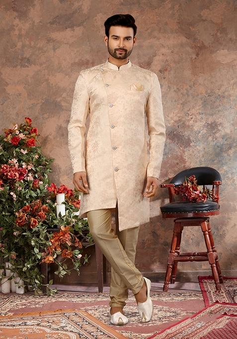 White Embroidered Jacquard Sherwani Set For Men