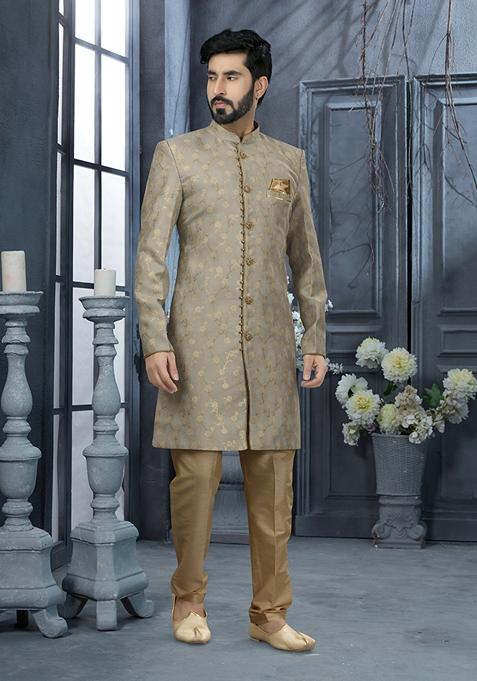 Grey Zari Work Jacquard Sherwani Set For Men