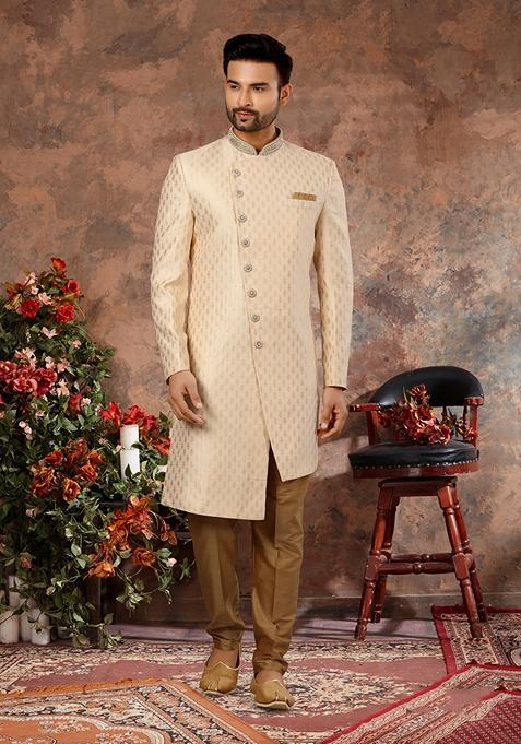 White Zari Work Jacquard Sherwani Set For Men