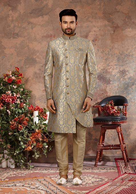 Grey Zari Work Jacquard Sherwani Set For Men