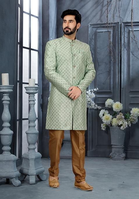 Firozi Pink Thread Embroidered Jacquard Sherwani Set For Men