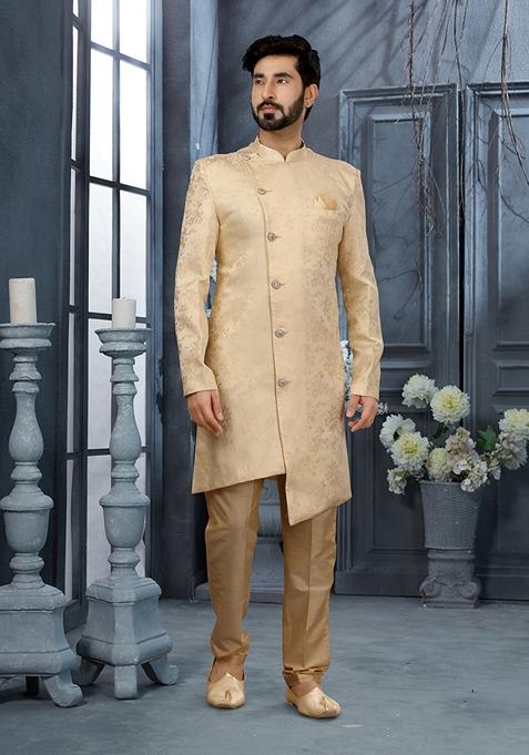 White Embroidered Jacquard Sherwani Set For Men