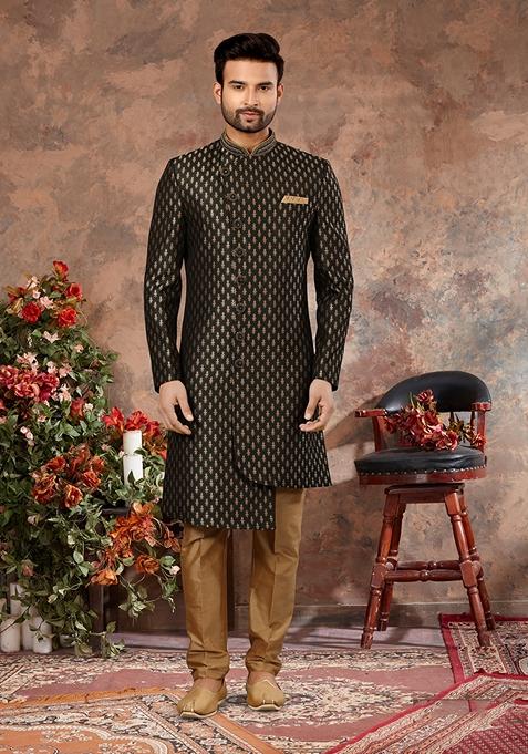 Bottle Green Zari Work Jacquard Sherwani Set For Men