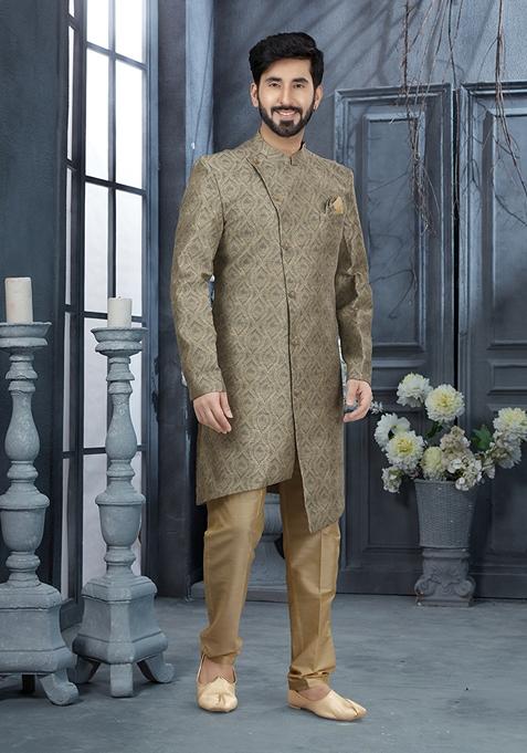 Mehendi Green Digital Print Jacquard Sherwani Set For Men