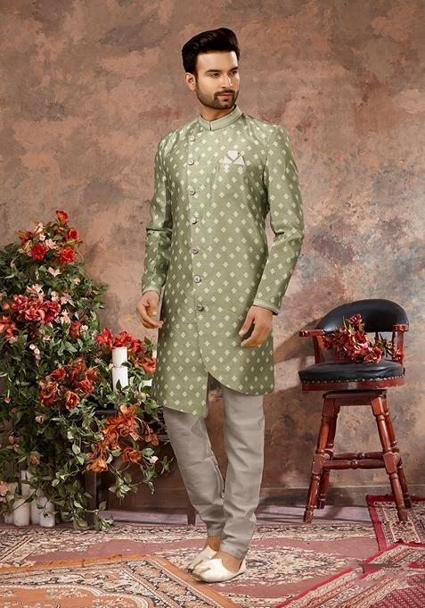 Mehendi Green Thread Embroidered Jacquard Sherwani Set For Men