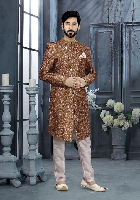 Multi Thread Embroidered Jacquard Sherwani Set For Men
