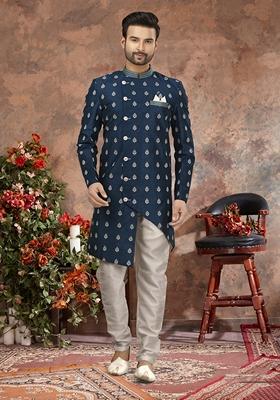 Blue Thread Embroidered Cotton Sherwani Set For Men