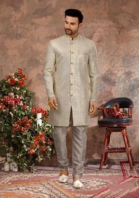 White Stone Embroidered Cotton Sherwani Set For Men
