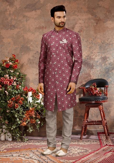 Multi Thread Embroidered Jacquard Sherwani Set For Men