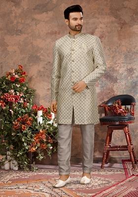White Thread Embroidered Cotton Sherwani Set For Men