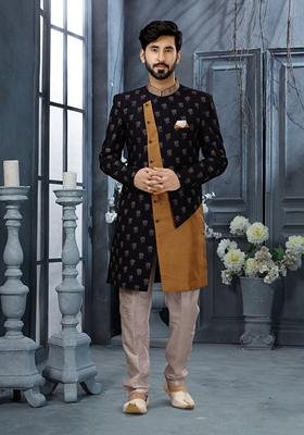 Navy Blue Thread Embroidered Jacquard Sherwani Set For Men