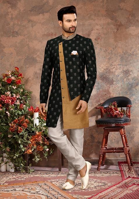 Bottle Green Thread Embroidered Jacquard Sherwani Set For Men