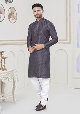 Coffee Brown Embroidered Jacquard Kurta Set For Men