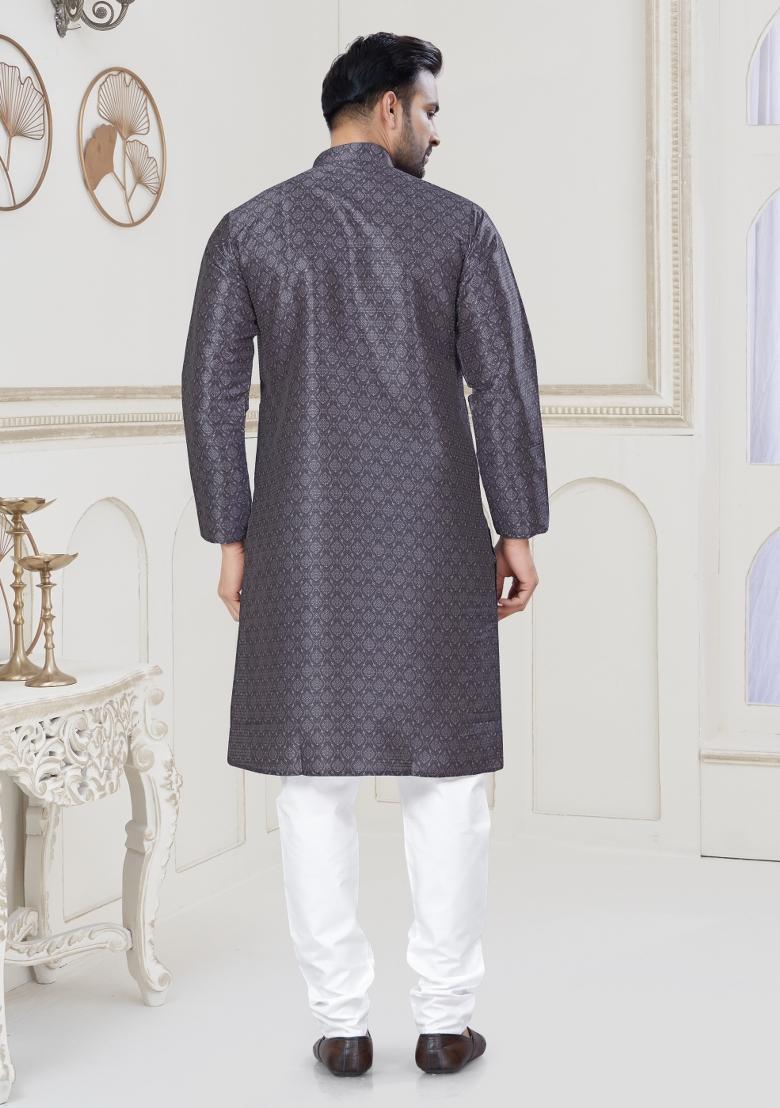 Coffee Brown Embroidered Jacquard Kurta Set For Men - Indya
