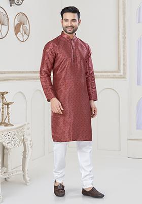 Dusty Red Embroidered Jacquard Kurta Set For Men