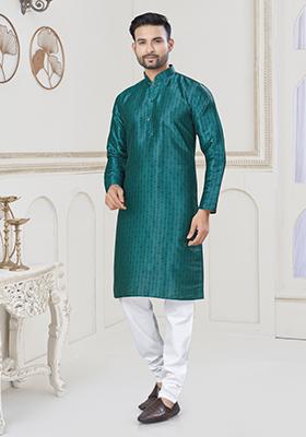 Rama Green Embroidered Jacquard Kurta Set For Men