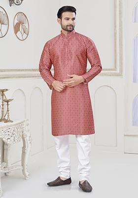 Pink Embroidered Jacquard Kurta Set For Men