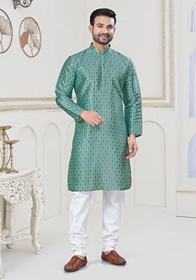 Sky Blue Embroidered Jacquard Kurta Set For Men
