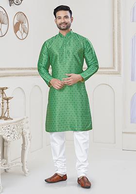 Green Embroidered Jacquard Kurta Set For Men