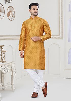 Yellow Embroidered Jacquard Kurta Set For Men