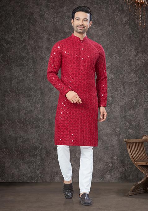 Red Embroidered Rayon Kurta Set For Men