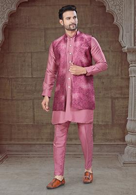 Dark Pink Embroidered Silk Indo Western Sherwani Set For Men