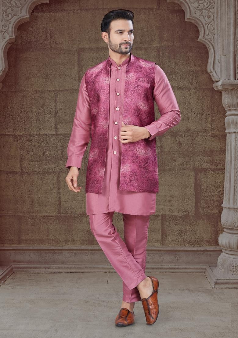 Dark Pink Embroidered Silk Indo Western Sherwani Set For Men - Indya