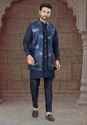 Blue Embroidered Silk Indo Western Sherwani Set For Men