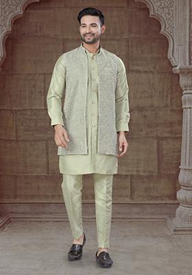 Pista Green Embroidered Silk Indo Western Sherwani Set For Men