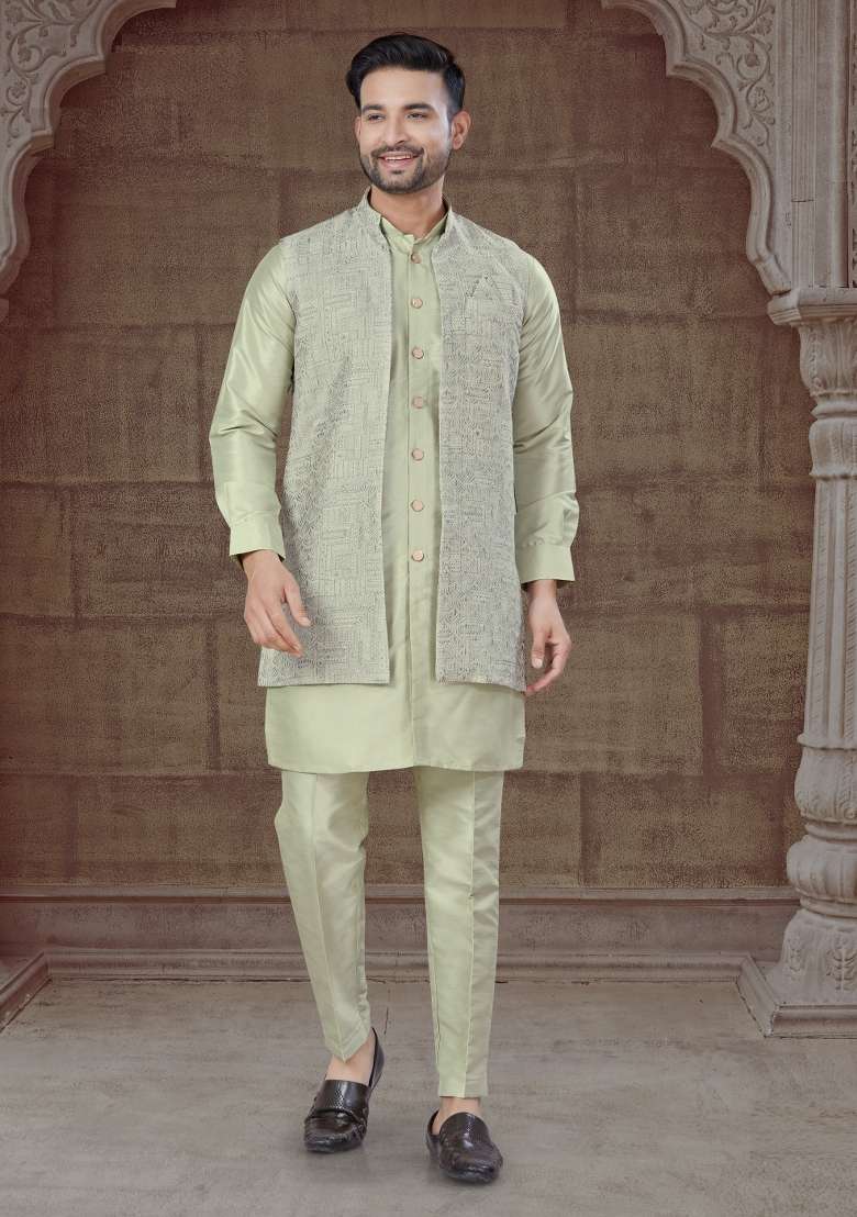Pista Green Embroidered Silk Blend Indo Western Sherwani Set For Men - Indya