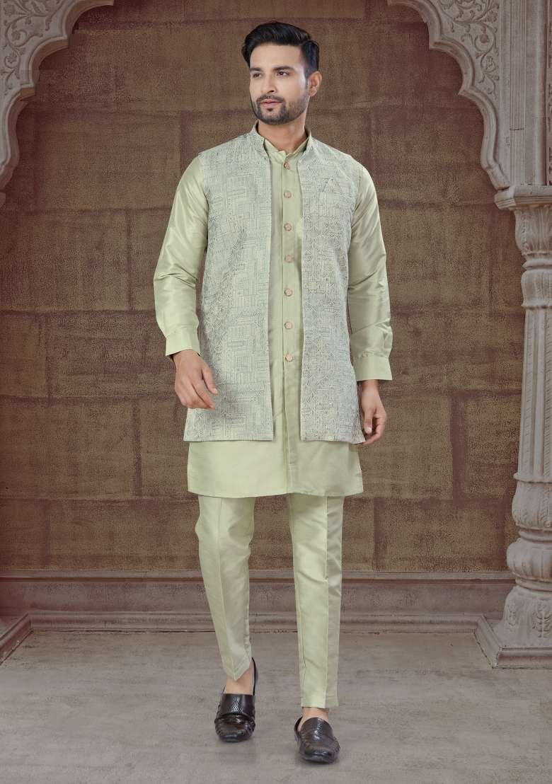 Pista Green Embroidered Silk Blend Indo Western Sherwani Set For Men - Indya