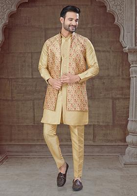 Cream Embroidered Silk Indo Western Sherwani Set For Men