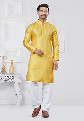 Yellow Embroidered Jacquard Kurta Set For Men