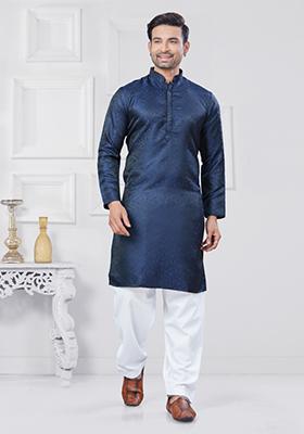 Blue Embroidered Jacquard Kurta Set For Men