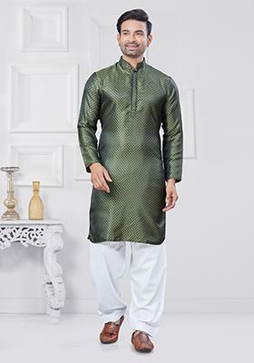 Green Embroidered Jacquard Kurta Set For Men