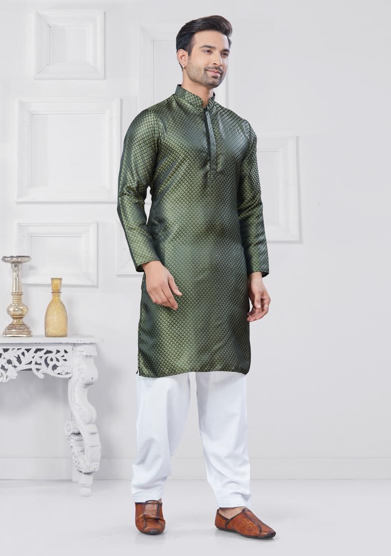 Green Embroidered Jacquard Kurta Set For Men - Indya