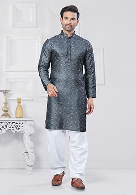 Grey Embroidered Jacquard Kurta Set For Men