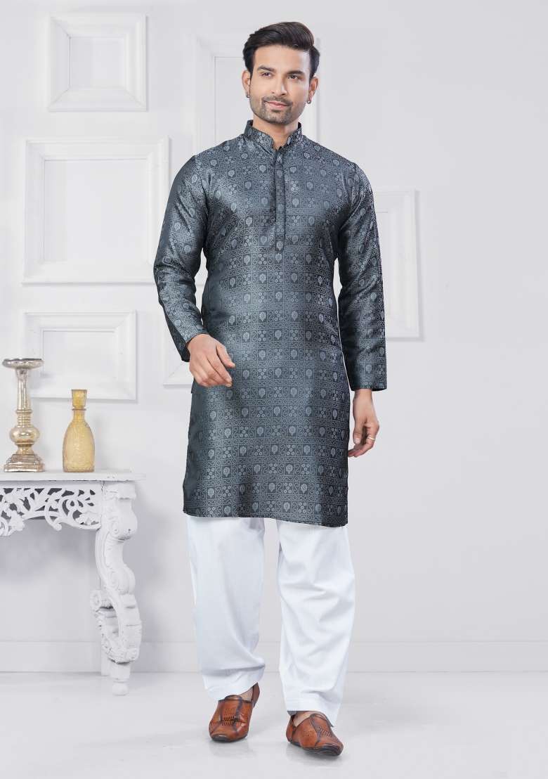 Grey Embroidered Jacquard Kurta Set For Men - Indya